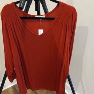 V-Neck LS Top with Stitching detail on Shoulders. Size 2X. Rust. Tunic length.